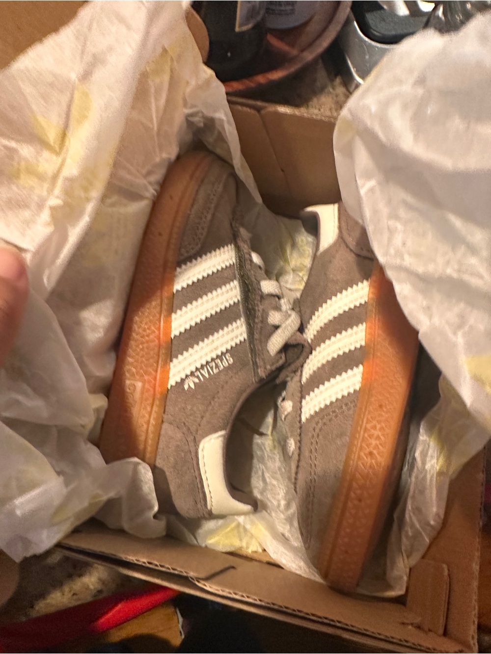 adidas Kids Brown Suede Sneakers with White Stripes and Gum Sole